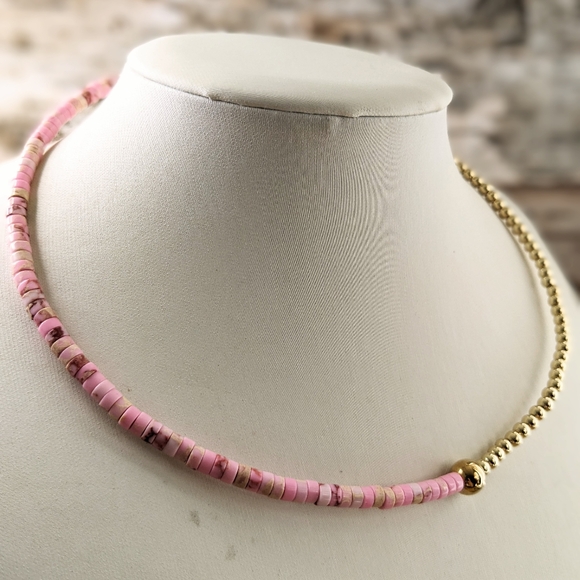 Natural Pink Sea Sediment Imperial Jasper In Assymetrical  Choker/Necklace - Picture 3 of 7
